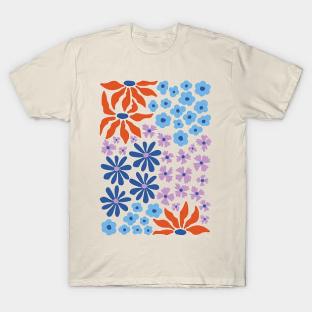 Red Blue Lilac Whimsical Flowers T-Shirt by JunkyDotCom